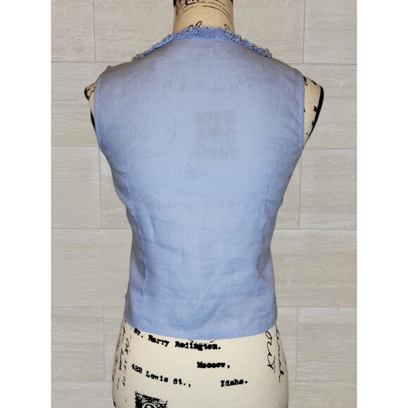 Promod Linen Ruffle V Neck Shell Top Sleeveless Size MED Blue Career Layering - Picture 3 of 10
